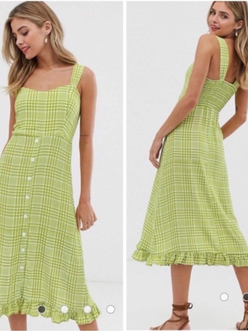 Faithfull the Brand Sleeveless Green gingham Plaid Button-Front Midi Dress